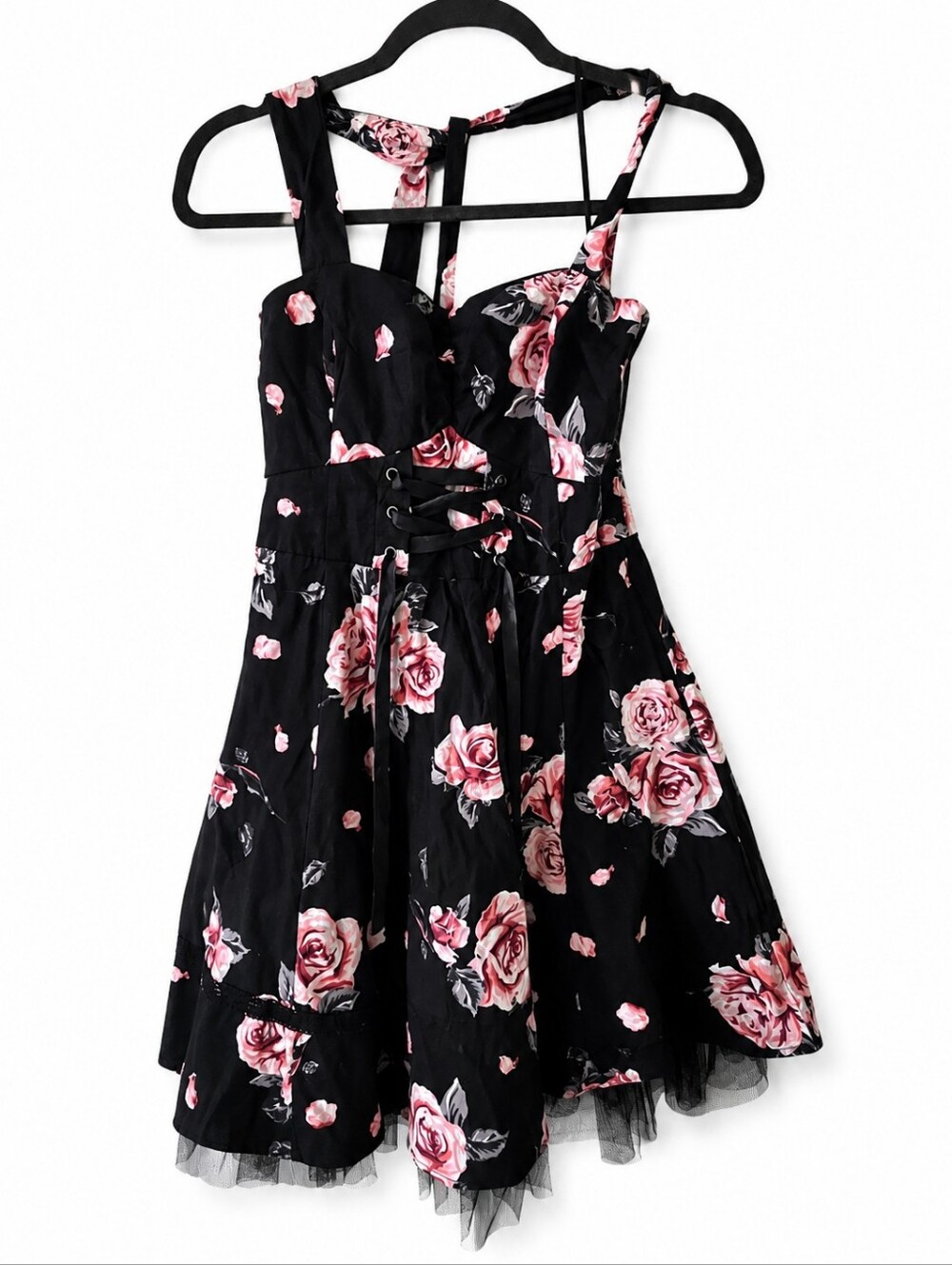 Hot Topic Black & Dusty Rose Floral Corset Halter Dress - Picture 1 of 2